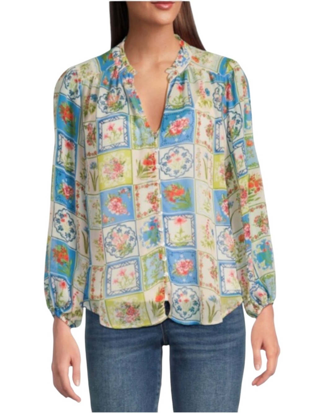 Figuero & Flower Woven Patchwork Print Split Neck Blouse XL Like New